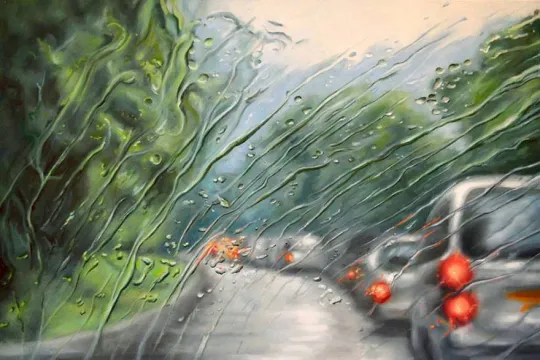 t نقاشی "رانندگی در یک روز بارانی"